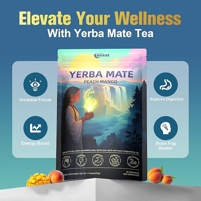 Yerba Mate Instant Tea Powder, Super Yerba MateTea for Natural Energy & Gut Health, Reduce Brain Fog, Low Sugar Yerba Mate Tea with Prebiotics and Probiotics, Peach Mango 30 Servings