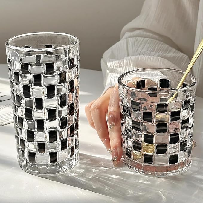 4 Pcs Black Woven Relief Glass Cups 10.5 OZ Drinking Glassware Cocktail Glasses for Iced Coffee Juice Tea Beverage Milk Wine
