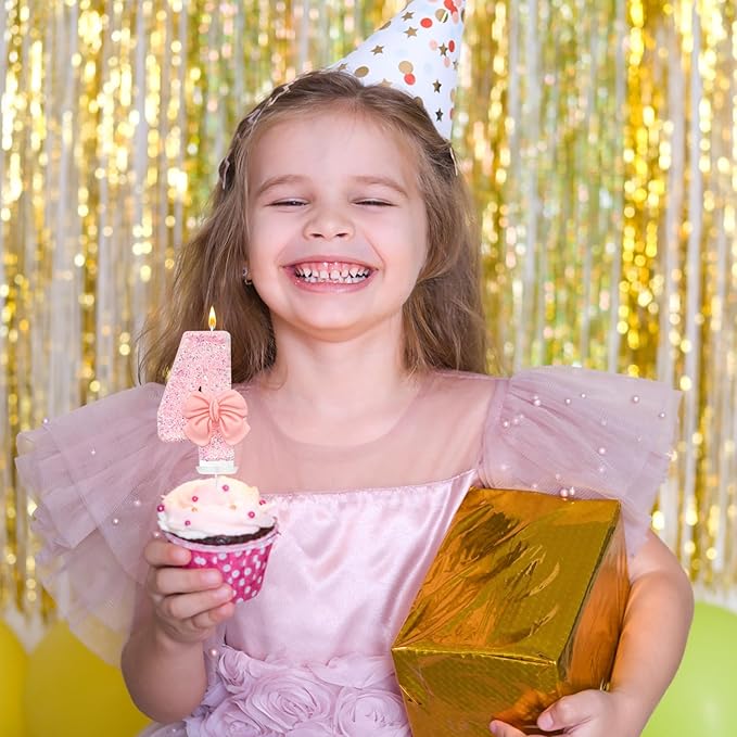 Birthday Cake Candles, Pink Glitter with Bow Cake Candles, Birthday Party Cake Toppers, Cute Birthday Candle Decorations (4)