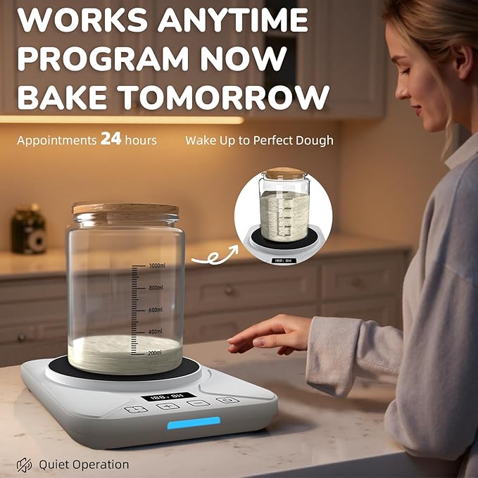 Sourdough Starter Warmer Mat - 24H Timer - Precise 1°F Thermostat Control (70-100°F) - Smart Memory Warming On/Off - Fits Jars Up to 40oz - Perfect for Home Baking (White)