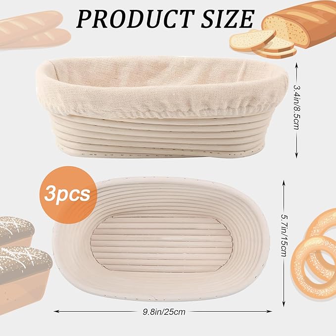 10 inch Oval Banneton Bread Proofing Basket Sourdough Bread Baking Supplies Set of 3 Sourdough Starter Kit Baking Gifts