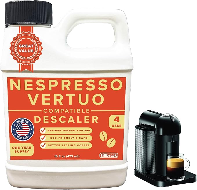 Descaler Compatible with Nespresso Vertuo Machine - 1 YEAR SUPPLY Concentrated Descaler for Nespresso - 16oz Coffee Maker Cleaner for Nespresso, Breville, Keurig, Espresso Machine - 4 Uses