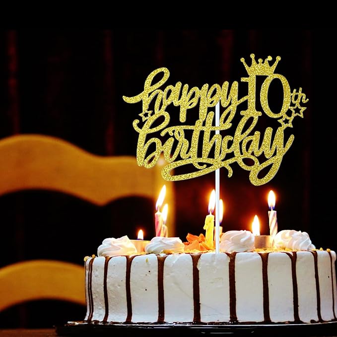 10th Happy Birthday Cake Topper, Glitter Happy 10th Birthday Cake Topper for Birthday Party Cake Decoration(Gold)