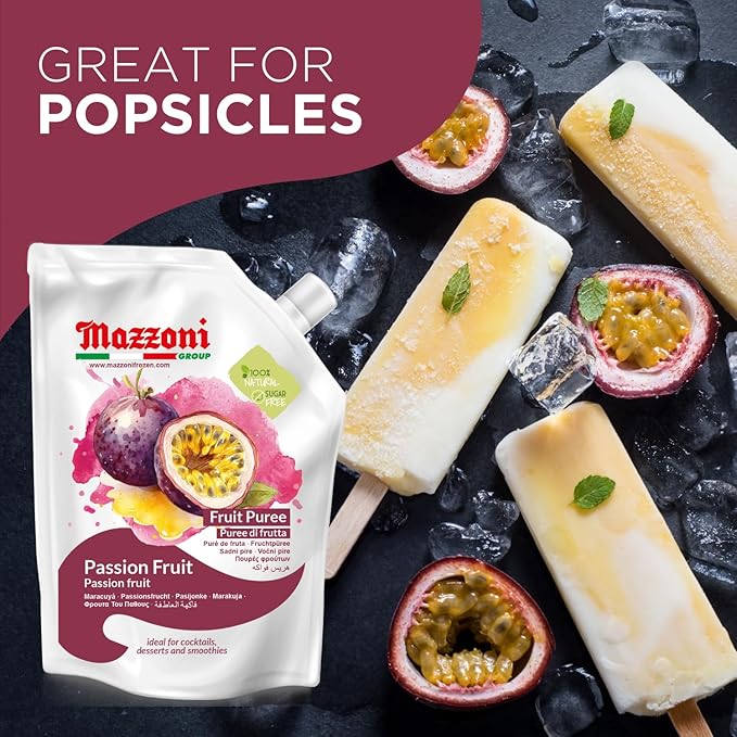 Mazzoni Passion Fruit Juice Puree, 100% Pure Passion Fruit, Maracuya, Just Fruit, No Sugar Added, 2.2 lbs (35.2 oz) Real Fruit Mixer for Cocktails, Smoothies, Drinks, Fruit Juice, Convenient Pouch, Made in Italy