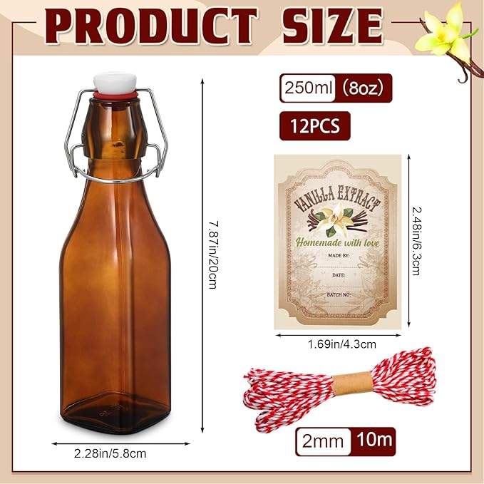 Uiifan 12 Pcs 8 oz Swing Top brown Square Glass Bottles for Vanilla Extract with Caps and Cotton Twines Label Flip Top Glass Bottle for Home Vanilla Brew Oil Beer Tea Supply