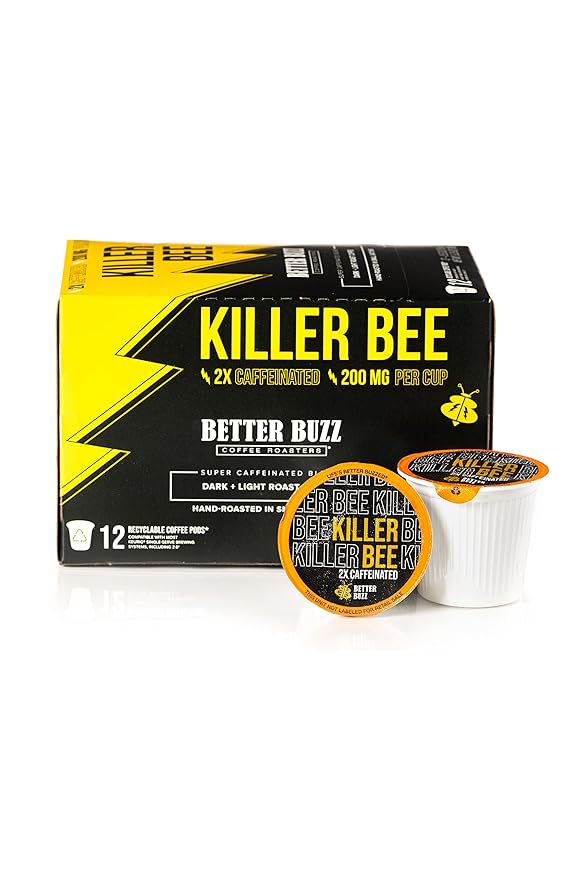 Better Buzz Killer Bee Super Caffeinated Dark Roast Light Roast Blend 12ct., California Solar Energy Produced Recyclable Coffee Pods, Small Batch Roasted Coffee, K-Cup Compatible, Life's Better Buzzed