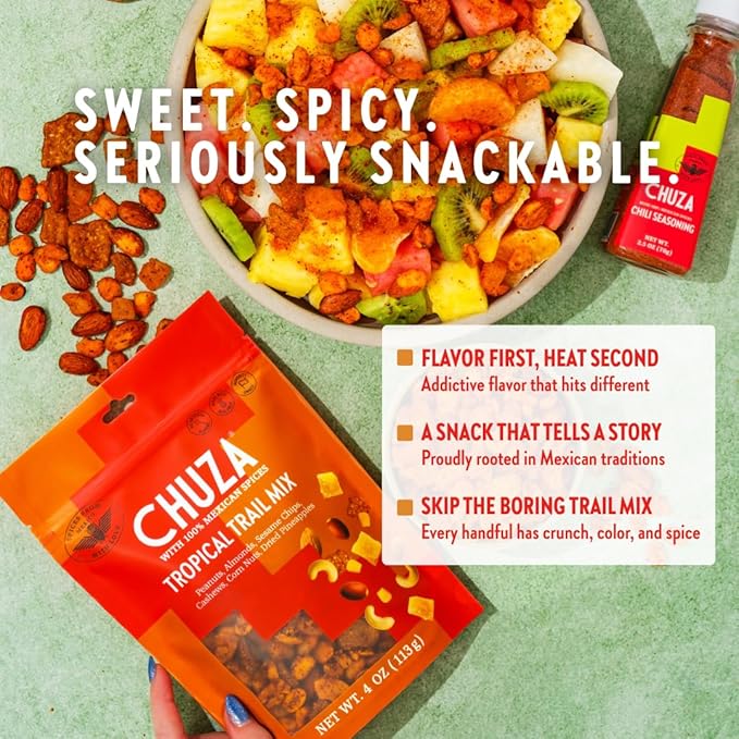 CHUZA Spicy Tropical Trail Mix ??Bold & Crunchy Snack with 100% Mexican Spices ??Peanuts, Almonds, Cashews, Sesame Chips, Corn Nuts & Dried Pineapples ??No Cholesterol, High Protein ??4 oz (Pack of 2)