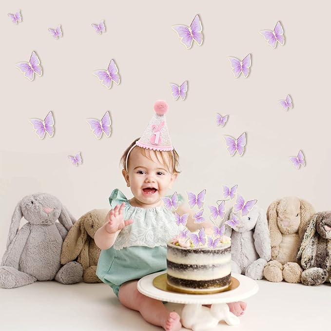 Set of 66 Pack Purple Gold Cupcake Toppers Mixed Size&Colour 3D Butterfly Cake Picks Decorations with Dot Glue and Support Stick for Girl Women Wedding Birthday Party Baby Shower Food Wall Decoration