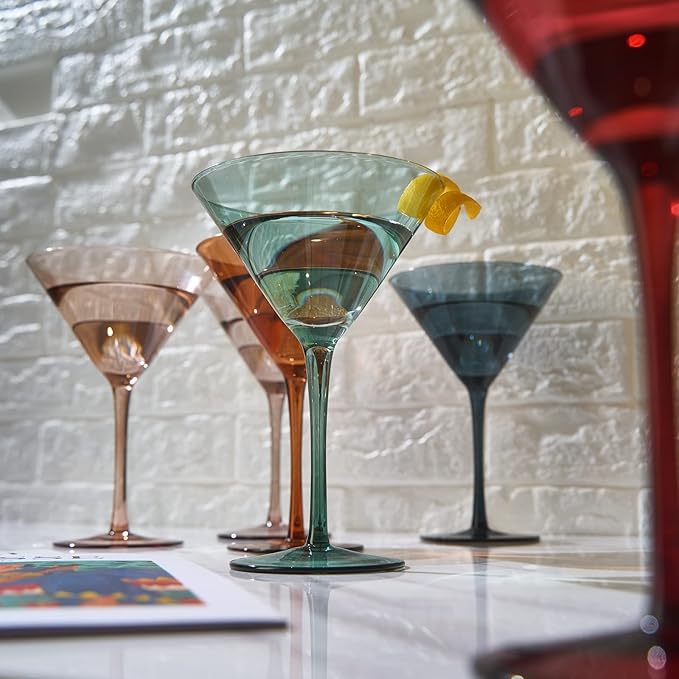 Colored Martini & Cocktail Crystal Glasses - 10oz | Set of 6 | Cute Pastel Muted Crystal Cocktail Glassware, Unique Gift Wife, Her, Mom, Friend Cocktails, Red & White Tall Stemmed Drinkware, Gifts
