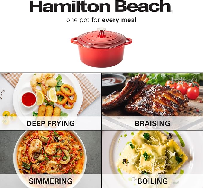 Hamilton Beach Enameled Cast Iron Dutch Oven 5.5-Quart Red, Cream Enamel Dutch Oven Pot with Lid