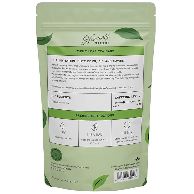 Heavenly Tea Leaves Organic Jasmine Green (50 Pyramid Tea Bags), Bulk Compostable Green Tea Sachets - 100% Plastic Free, Premium Quality, Whole Tea Leaves in a Convenient Tea Bag