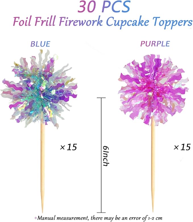 30PCS Cupcake Toppers, Takemay Sparkle Blue and Purple Foil Firework Cake Toppers for Christmas Party Birthday Wedding Ceremony