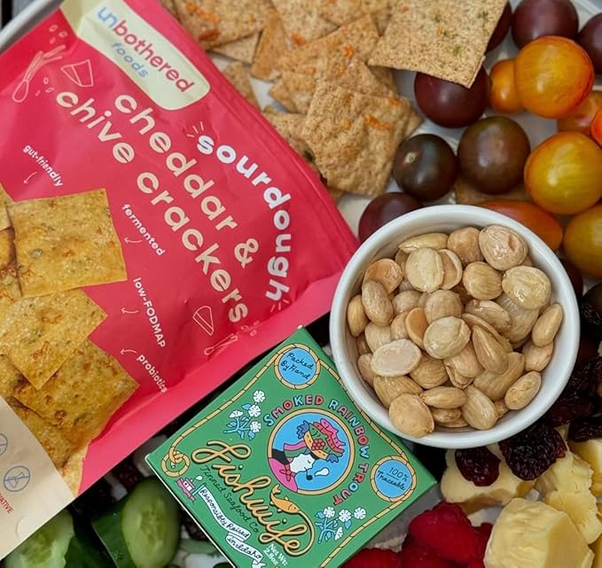 Unbothered Foods Cheddar & Chive Sourdough Crackers - Gut-Friendly & Easy to Digest, Non-GMO, No Added Sugar, Nut-Free, Perfect for Cheese & Snacks, 100% Naturally Fermented (2 Pack)
