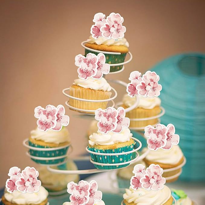 60 Pack Edible Cherry Blossom Cupcake Toppers Cherry Flowers Cake Toppers Rice Paper Wafer Paper Cake Picks for Cherry Blossom Bridal Shower Baby Shower Kids Birthday Cake Decorations Color 1