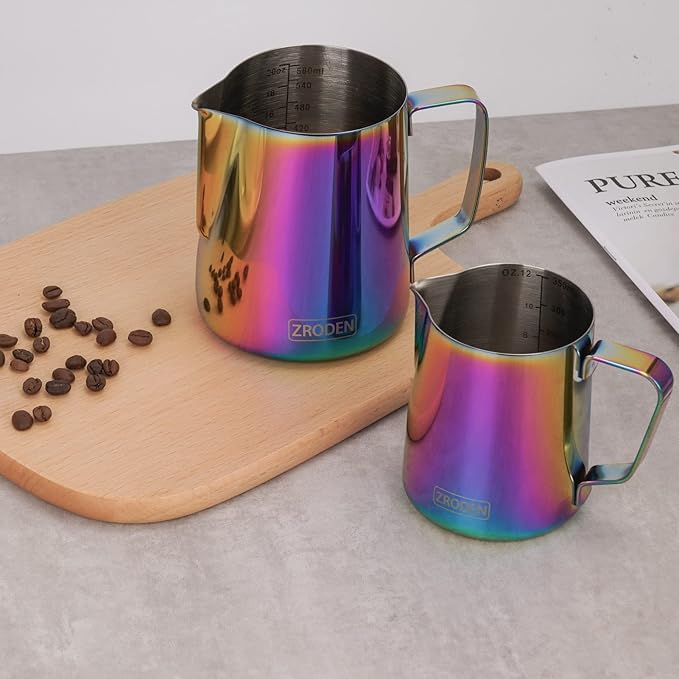 Milk Frothing Pitcher, 20oz Espresso Steaming Pitchers Stainless Steel Cappuccino Coffee Machine Accessories Barista Tools Steam Froth Pitchers Milk Jug Cup with Decorating Pen Latte Art, Rainbow