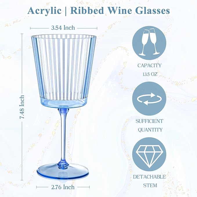 12 PCS Blue Ribbed Plastic Wine Glasses 13.5 OZ Ribbed Wine Glasses Detachable Wine Glass Elegant Fluted Glassware Vintage Style for Wedding Anniversary Birthday Dinner Parties(Blue, 12 Pack)