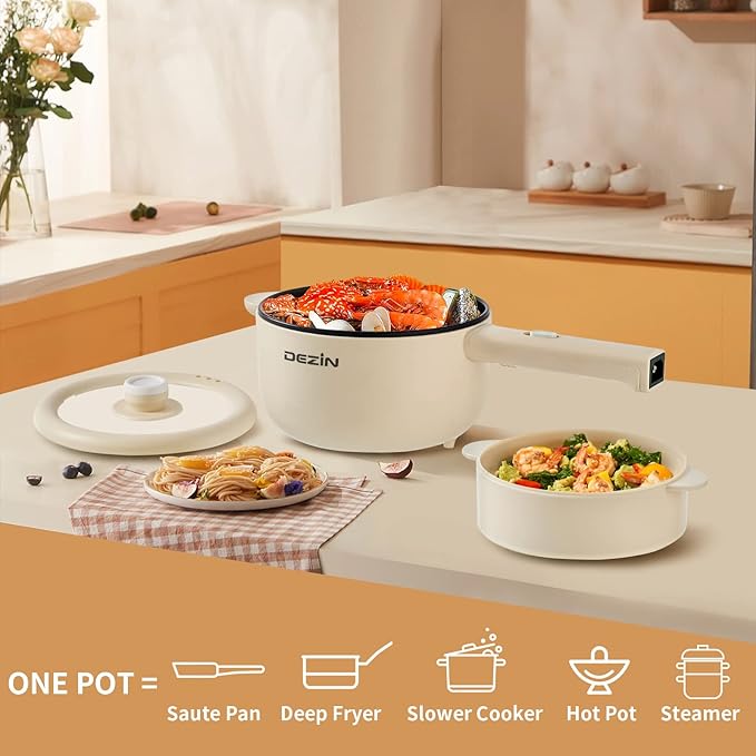Dezin Electric Cooker, 2L Non-Stick Saut챕 Pan, Rapid Noodles Cooker, Mini Pot for Steak, Egg, Fried Rice, Ramen, Oatmeal, Soup with Power Adjustment, College Dorm Room Essential(Egg Rack Included)