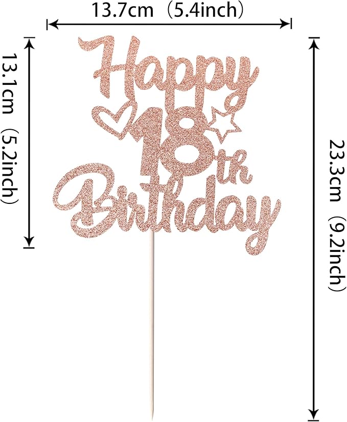 1 Pack Happy 18th Birthday Cake Topper Glitter Heart Star 18 Fabulous Cake Pick Birthday Sign Cake Decorations for 18th Birthday Theme Party Supplies Rose Gold