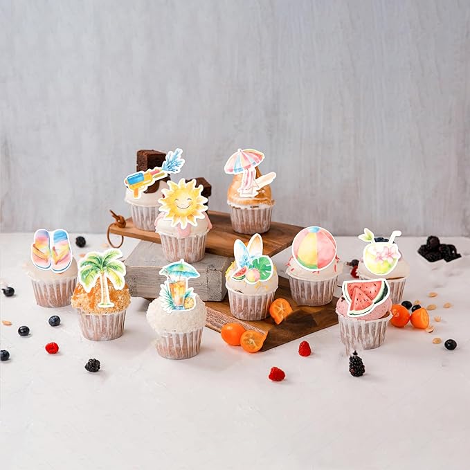 60 Pack Edible Summer Beach Theme Cake Topper Umbrella Chair Palm Tree Watermelon Coconut Cake Pick Hawaiian Beach Cupcake Decorations for Baby Shower Birthday Wedding Party Supplies