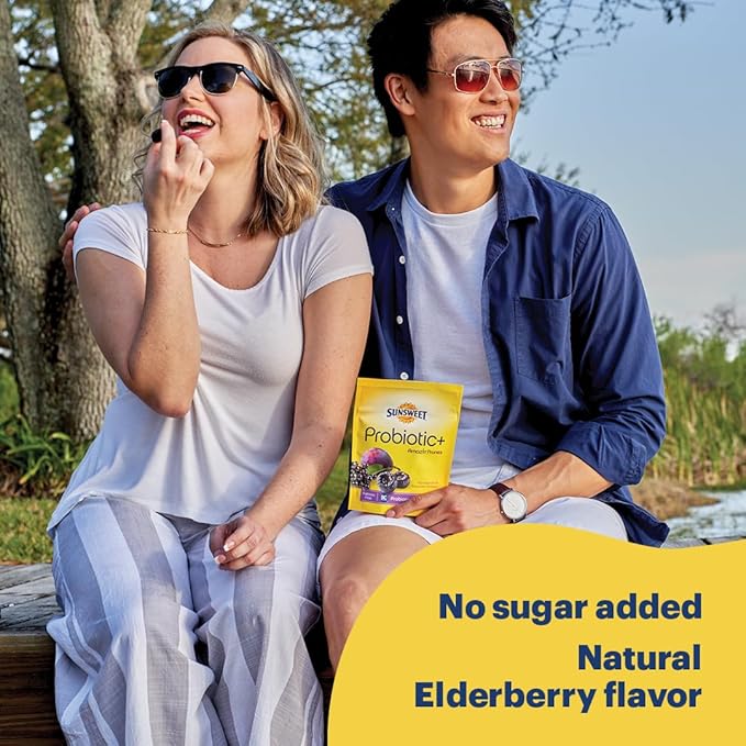 Sunsweet Pitted Prunes with Probiotics - Unsweetened, Dried, Gluten Free & Unsulphured - Natural Elderberry Flavor - Fiber & Minerals, 6oz - 4 Pack