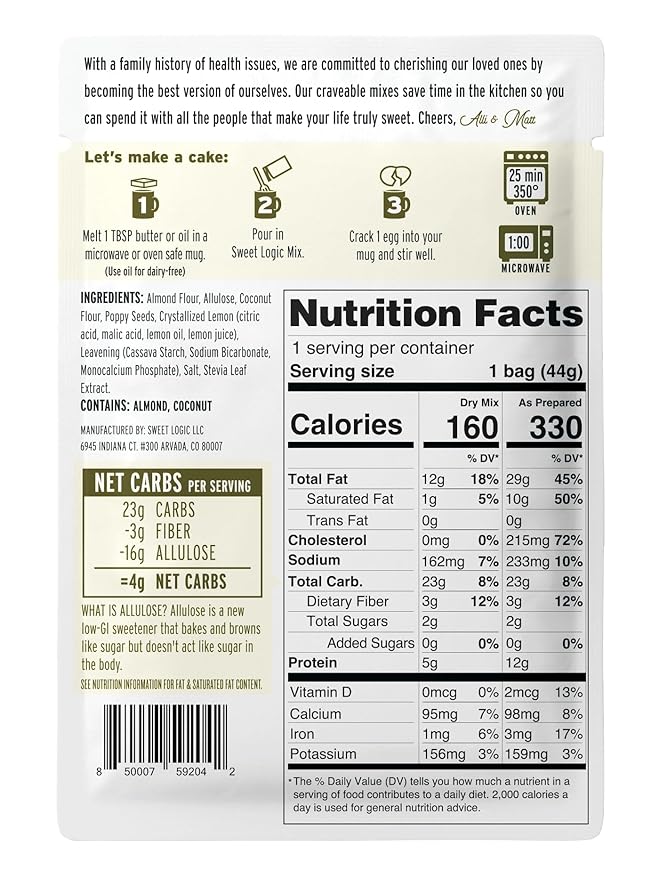 Sweet Logic Keto Dessert Mug Cake Mixes - Lemon Poppyseed - Low Sugar - Gluten-Free - Low Carb - Diabetic-Friendly Sweets - Natural Ingredients - High Protein - Delicious Keto Treats (4 Pack)