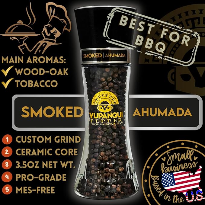 YUPANQUI Smoked Black Pepper Grinder Manual 3.5oz - Smoked Pepper Grinder with Peppercorns BEST Smoke Black Peppercorns Mill for BBQ Grilling & More