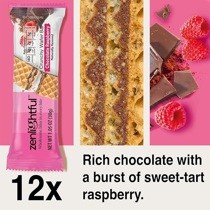 Zenlightful Chocolate Raspberry Wafer Cookies, Low Carb, Low Sugar, Keto Friendly Healthy Snacks, Only 140 Calories, Real Fruit, High Fiber, 12 Count