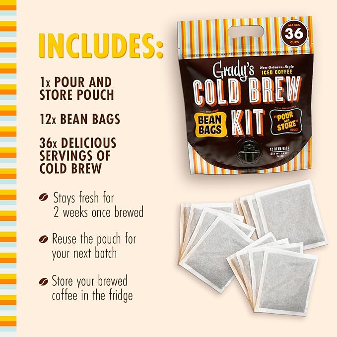 GRADY’S COLD BREW, New Orleans Style, 100% Arabica Ground Coffee & Chicory Pouches, All-in-One Cold Brew Kit with 12 Easy-to-Brew Beans Bags, Makes 36 drinks