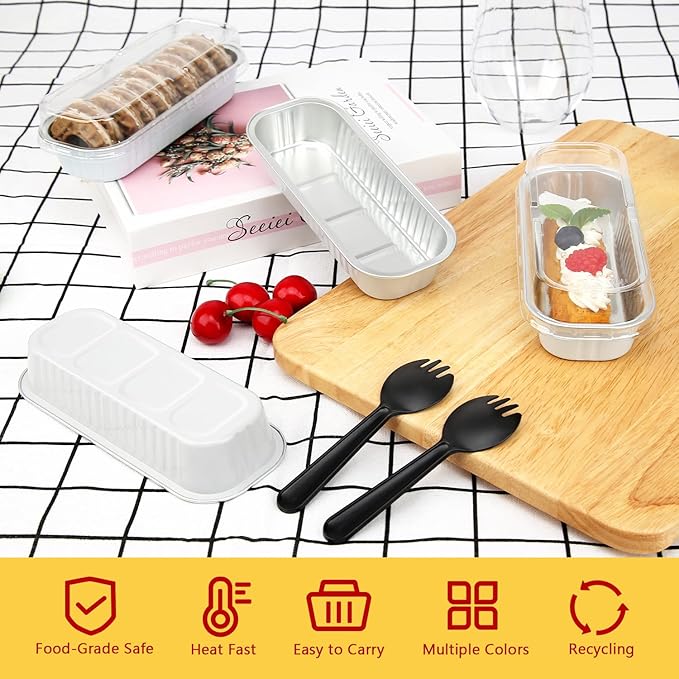LNYZQUS Mini Loaf Baking Pans with Lids 50 Pack, 6.8oz Rectangle Aluminum Foil Mini Cake Baking Pans Tins Containers,Disposable Ramekins Baking Cups Muffin Tins-White