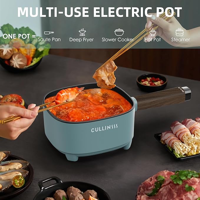 2L Electric Pot with Steamer, Portable Hot Pot Electric with Upgrade Honeycomb Nonstick Coating for Dorm, Office, Travel, Multi Cooker Pot for Ramen, Soup, Oatmeal (Tongs Included)