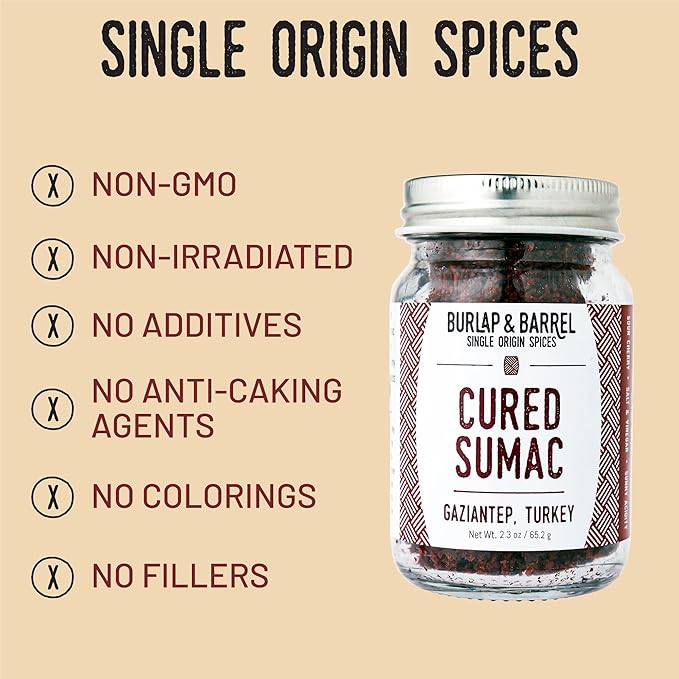 Burlap & Barrel Cured Sumac - Bright, Sour, Salty, Slightly Fermented Spice - Ground Sumac for Cooking - Savory Tartness - As Seen On Shark Tank - 2.3oz Glass Jar