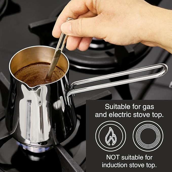 Crystalia Turkish Coffee Pot 18/10 Stainless Steel, Stove Top Tea Maker, Milk Warmer, Greek Arabic Coffee Cezve Briki, 29 oz (Silver, Large)