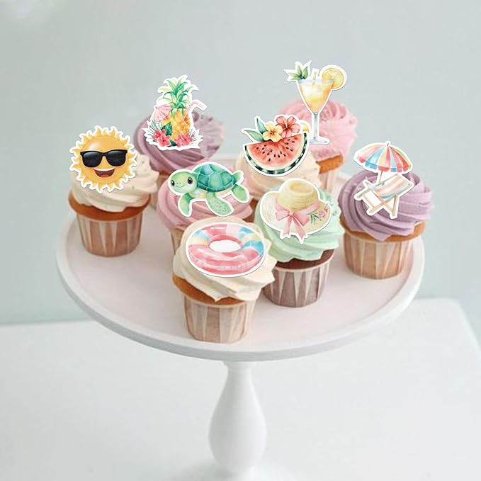 60 Pack Edible Summer Beach Theme Cake Topper Umbrella Chair Palm Tree Watermelon Pineapple Cake Pick Hawaiian Beach Cupcake Decorations for Baby Shower Birthday Wedding Party Supplies
