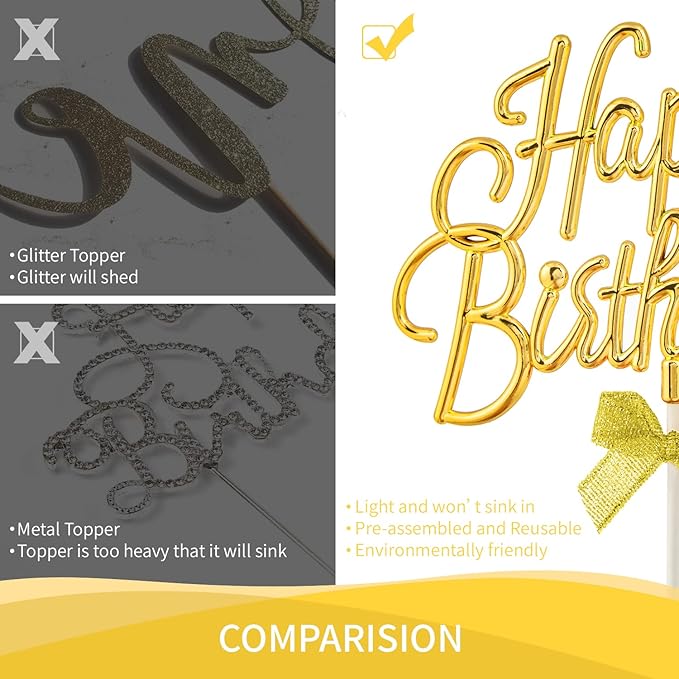 Gold Cursive Happy Birthday Cake Topper Plastic - 3D Double Sided Happy Birthday Sign for Cake with Bow, Idea for Cake Decoration (LIGHT GOLD)