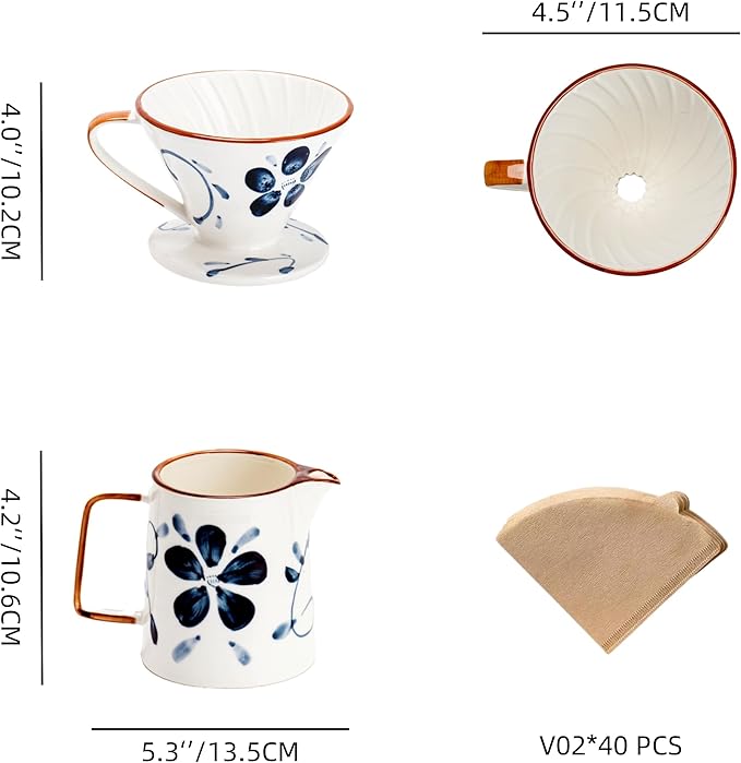 Pour Over Coffee Maker,Ceramic Coffee Maker With 40 pcs V60 Paper Filter竊?5oz/450ml Pour Over Coffee Dripper (Blue and white, V02)