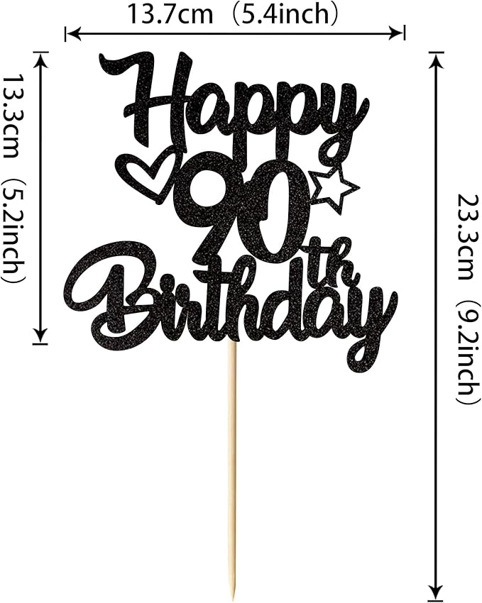 1 Pack Happy 90th Birthday Cake Topper Glitter Heart Star 90 Fabulous Cake Pick Birthday Sign Cake Decorations for Children 90th Birthday Theme Party Supplies Black