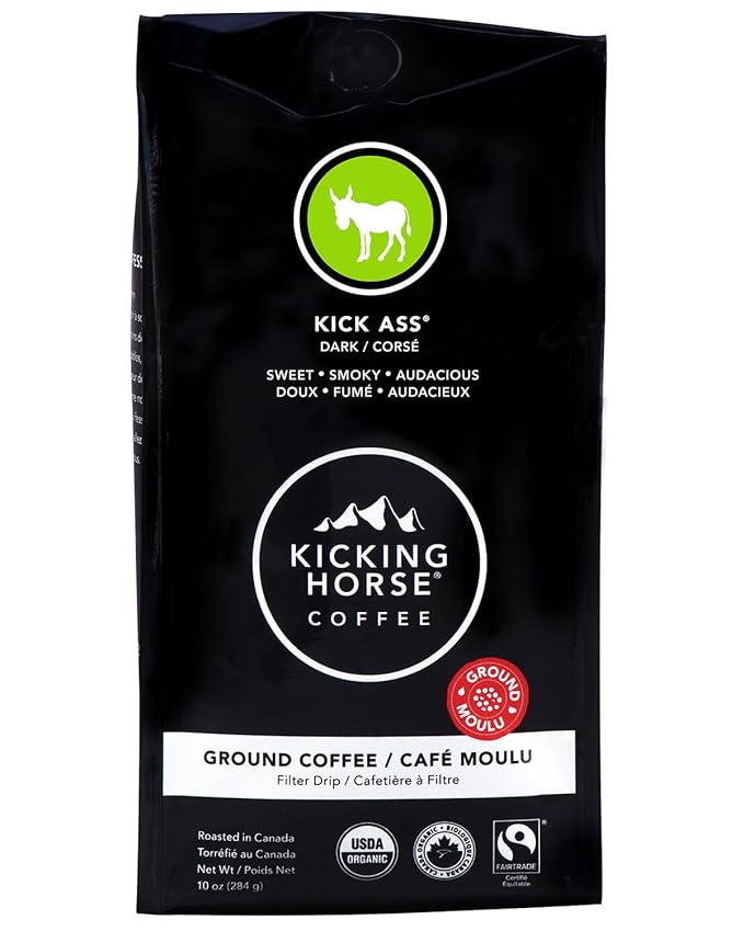 Kicking Horse Coffee Kick Ass Dark Roast Ground (10 Oz) and Smart Ass Medium Roast Whole Bean (10 oz) Bundle