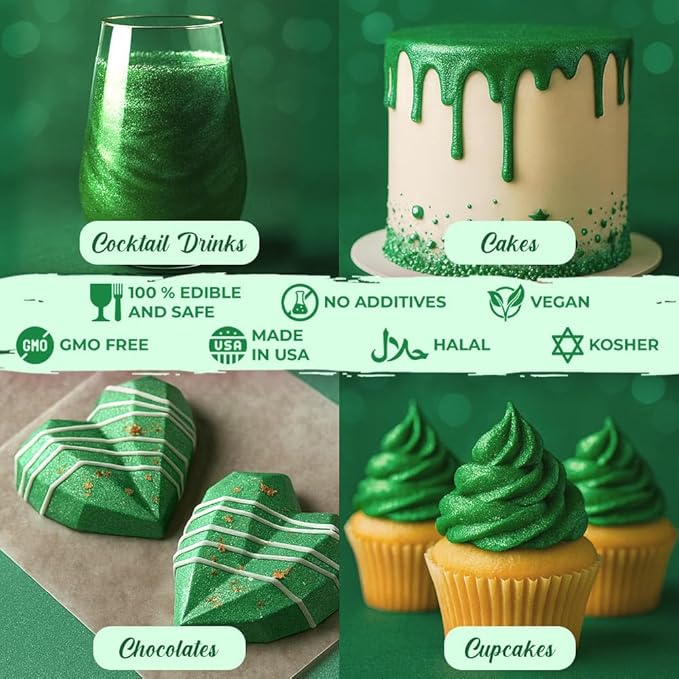 Bulk (20g) Luster Dust Edible Cake Decorations, Edible Luster Dust for Cakes, Green Edible Luster Dust for Cupcake Decorations, Cake Drip, Edible Paint, Green Edible Shimmer Dust for Drinks