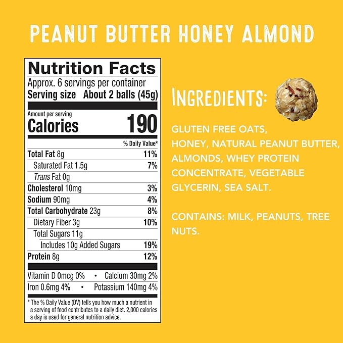 simplyFUEL Whole Food Protein Balls with Probiotics - Peanut Butter Honey Almond Snacks - 8g Protein Snack - Gluten Free Energy Balls