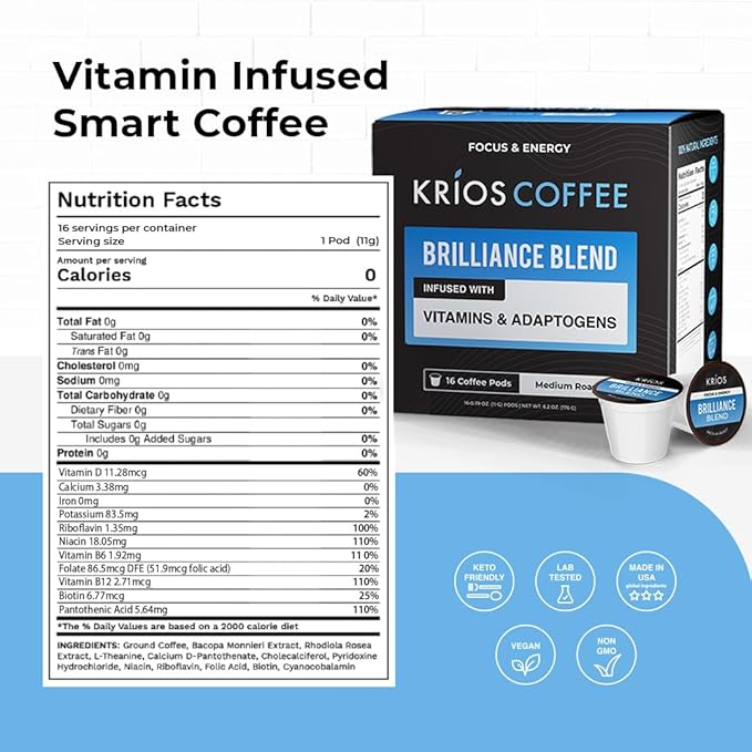 Krios Coffee Brilliance Coffee Pods, Enhance Energy & Focus with Essential Vitamins, L-Theanine, Bacopa Monnieri & Rhodiola Rosea, Medium Roast, Smooth, 16 Ct