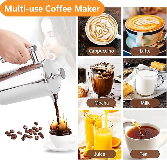 French Press Coffee Maker 34oz, Double-Wall Insulated French Press Stainless Steel 1L for travel camping, Included 2 Extra Screens and 1 Coffee Spoon ç«?-8cup 1000mlç«?,<div>