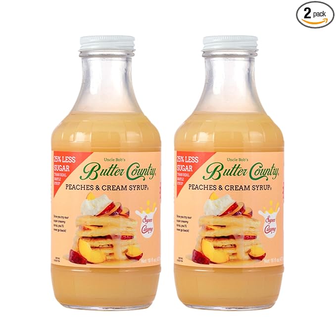 Butter Country Rich & Creamy Peach Syrup for Pancakes and Waffles, All Natural Fruity Topping Use on Drinks, Desserts, French Toast - 16oz Bottle, 2 Pack