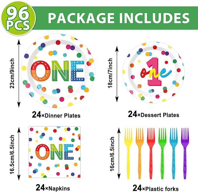 96pcs Rainbow 1st Birthday Plates and Napkins Confetti Happy Birthday Party Decorations with Polka Dot Confetti Dessert Plates Colorful 1st Tableware for 24 Guests 1 Year Old Party Supplies