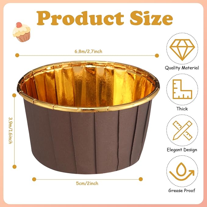 300 Pack Brown Gold Cupcake Cups Bulk Disposable Foil Muffin Liners 3.5 oz Wrappers for Baking Aluminum Paper Mini Metallic Disposable Holiday Party Wedding Festival Supply