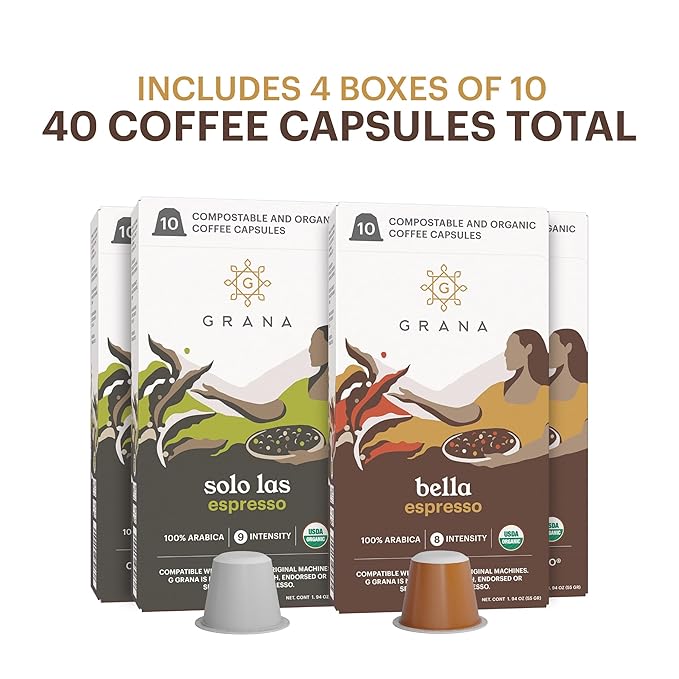 G GRANA Coffee Pods, Compatible with Nespresso OriginalLine, 40 Count, Medium and Dark Roast, USDA Organic 100% Arabica Single Source Specialty Coffee, Compostable Single Serve Capsules