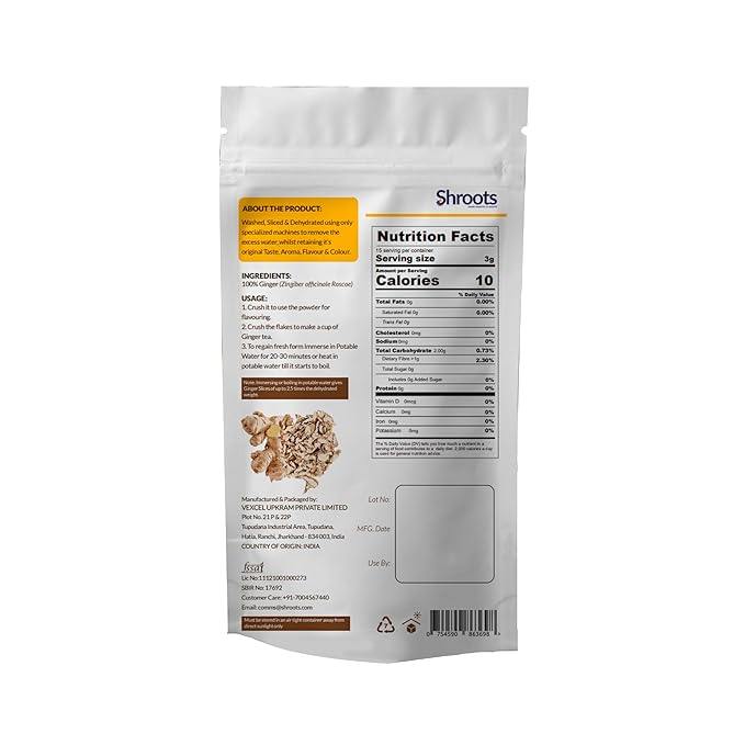 SHROOTS Dried Ginger Flakes ??Organic Substitute for Fresh Ginger Ready to Mix & Consume Supports Digestion & Immunity Non-GMO Premium Spice & Seasoning for Baking, Cooking & Tea ??1.59 oz (Pack of 1)