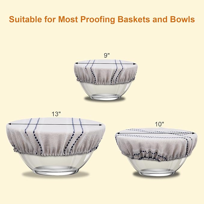Reusable Bowl Covers for Bread Proofing, 9/10/13 Inches Bread Proofing Cover, 3 Pcs Linen Cotton Food Cover for Sourdough Proofing Basket, Food Storage Baking Supplies for Home Bakers