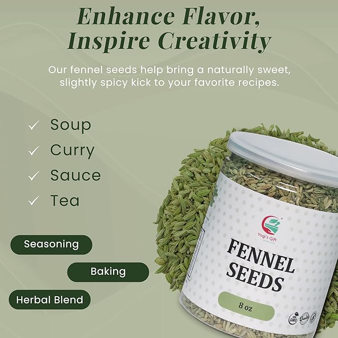 Fennel Seeds 8oz, 100% Pure & Natural Whole Fennel, Premium Quality Spice for Cooking & Tea, Fresh & Aromatic - By Yogi?โขs Giftยฎ