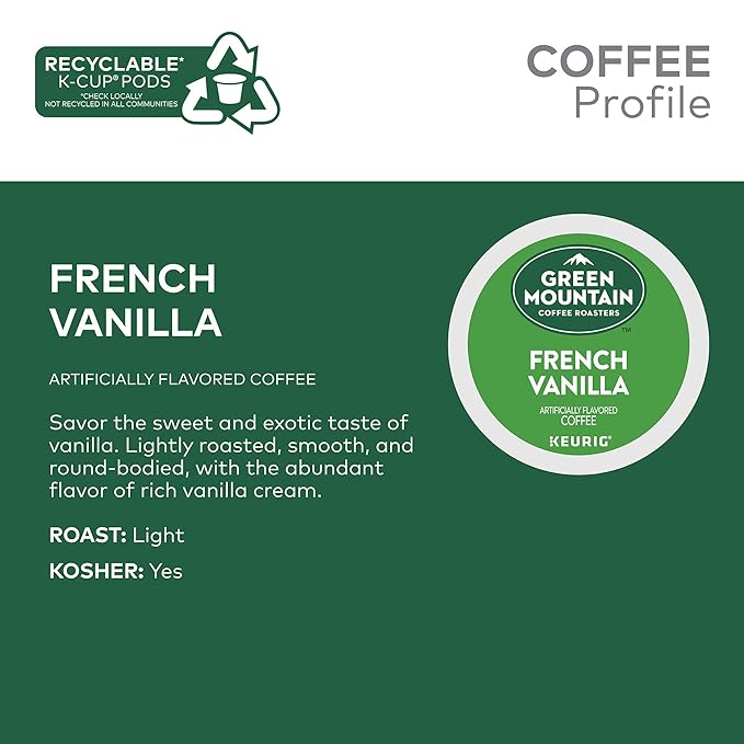 Green Mountain Coffee Roasters French Vanilla Keurig Single-Serve K-Cup pods, Light Roast Coffee, 60 Count (6 Packs of 10)