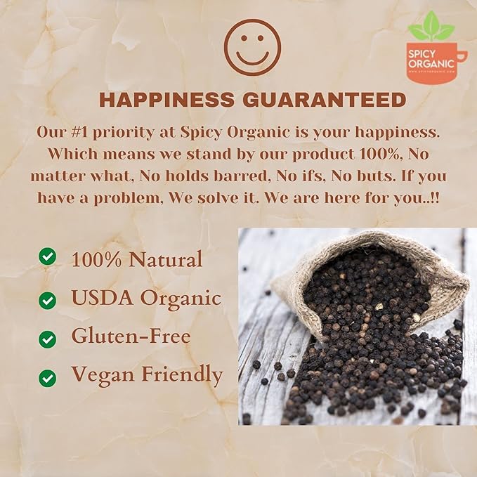 SPICY ORGANIC Black Peppercorns ??8 oz - Whole, Fresh, and Spicy Black Pepper for Grinder Refill, Premium Ceylon Quality, USDA Certified Organic, Gluten-Free, and Kosher